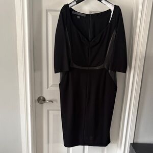 Greta Constantine Black Midi body Con Sheath Dress with Leather Detail